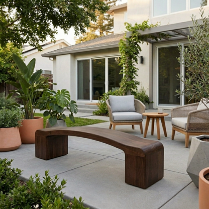 Solid Wood Outdoor Bench Curved Seat with Sculptural Block Legs Minimalist Design - view 2 of 7
