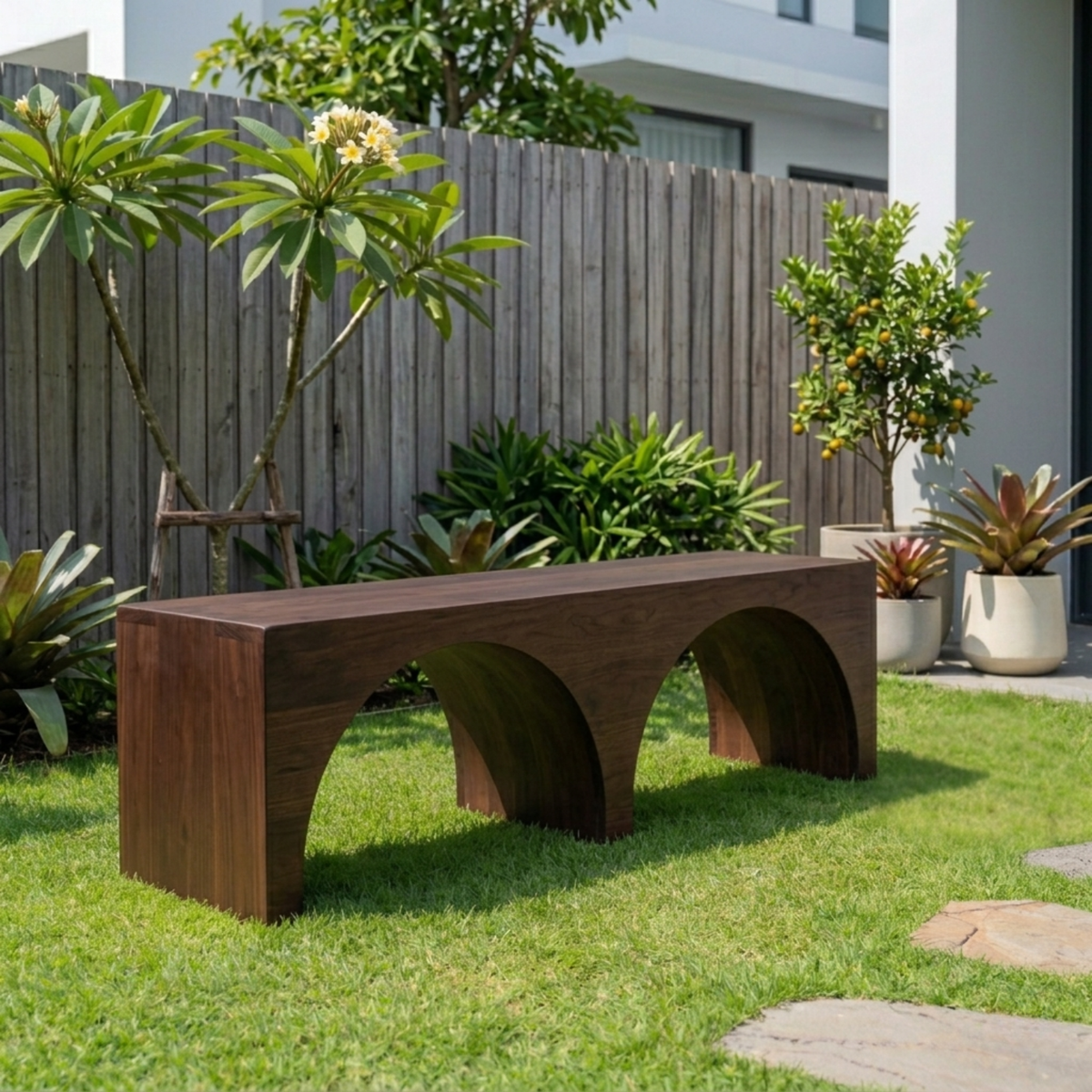 Solid Wood Outdoor Bench with Double Arch Base Minimalist Rectangular Design - view 4 of 8