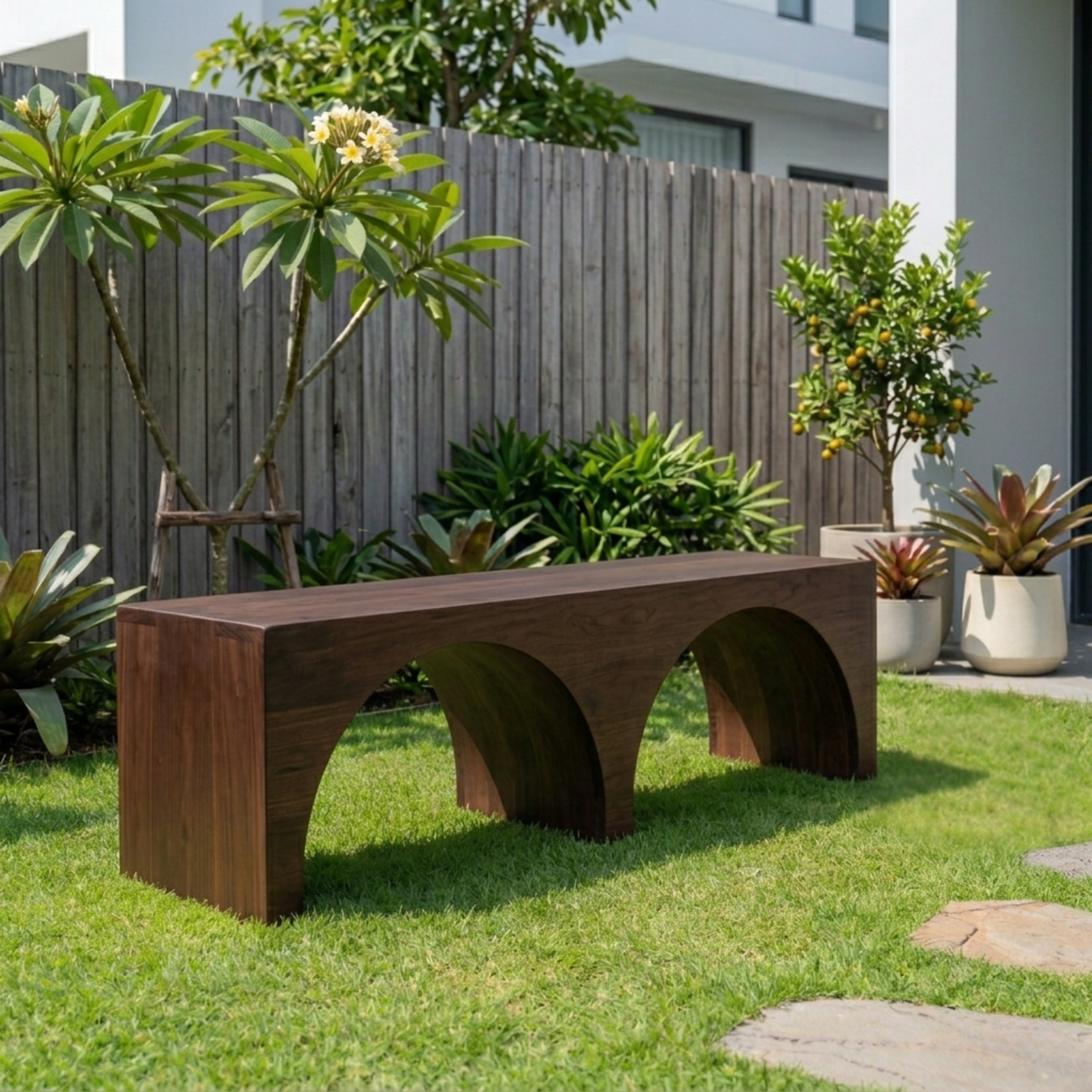 Solid Wood Outdoor Bench with Double Arch Base Minimalist Rectangular Design - view 4 of 8