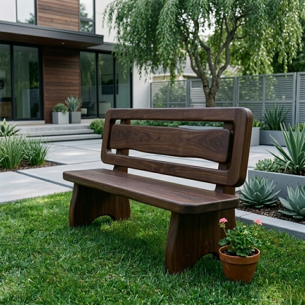 Solid Wood Outdoor Bench with Double Slat Back Modern Garden Patio Seating - view 2 of 7