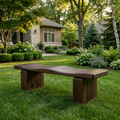 Solid Wood Outdoor Bench with Sculpted Wave Seat and Fluted Block Legs - view 1 of 7