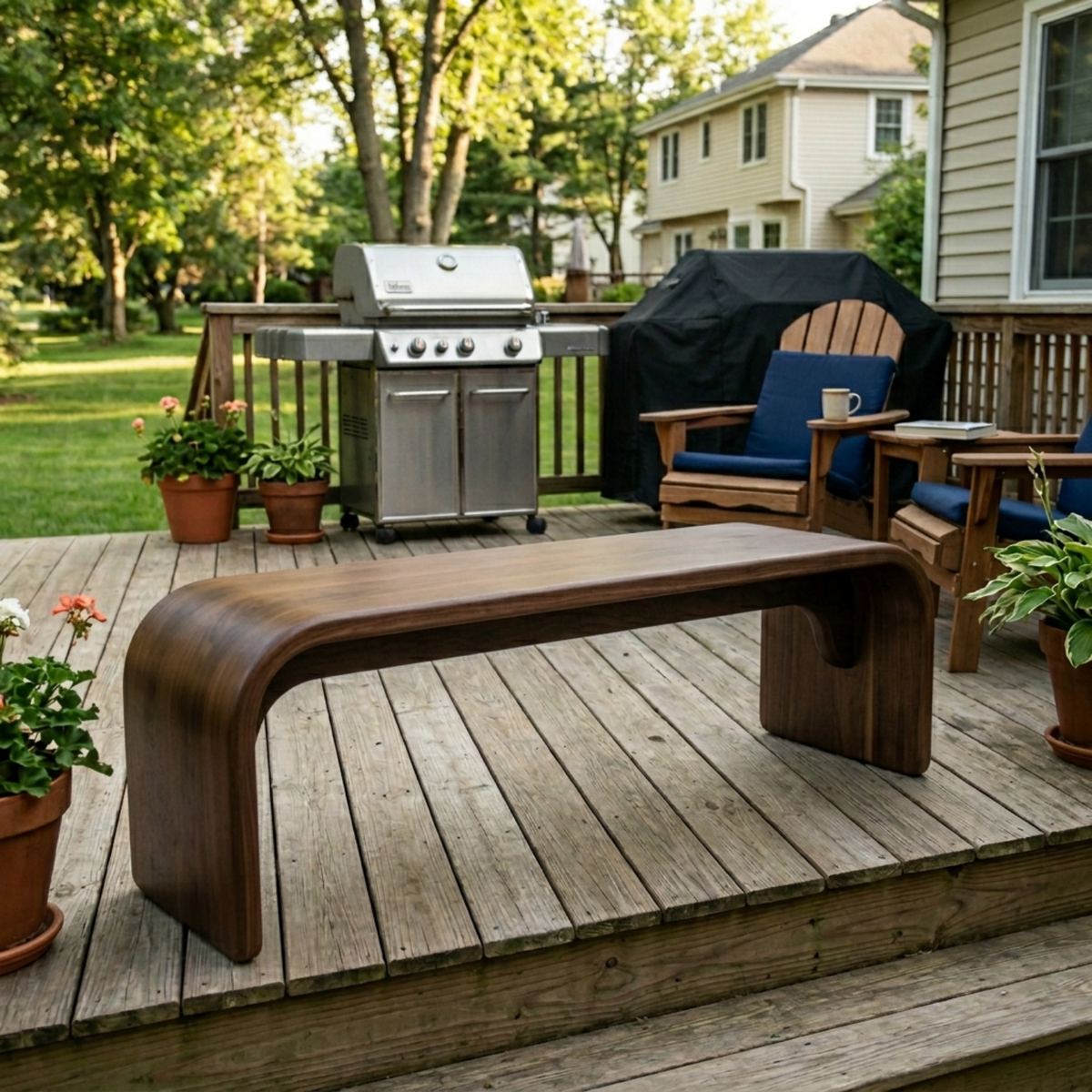 Solid Wood Outdoor Bench with Curved Waterfall Design and Minimalist Profile - view 2 of 7