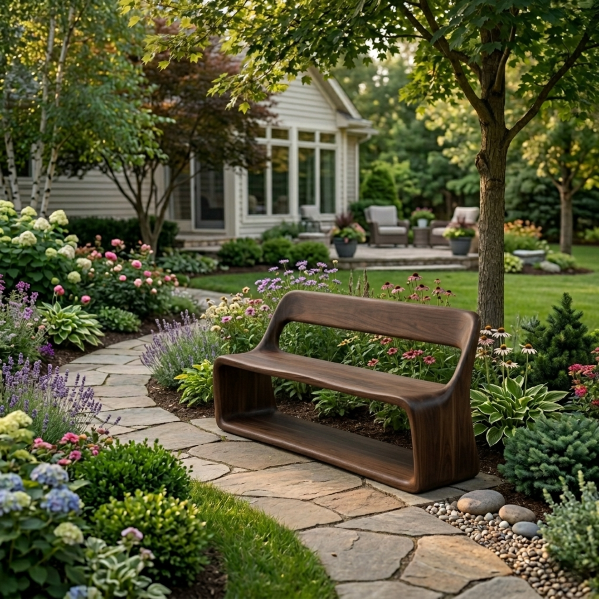 Solid Wood Outdoor Bench with Curved Backrest and Integrated Open Shelf Base - view 1 of 7