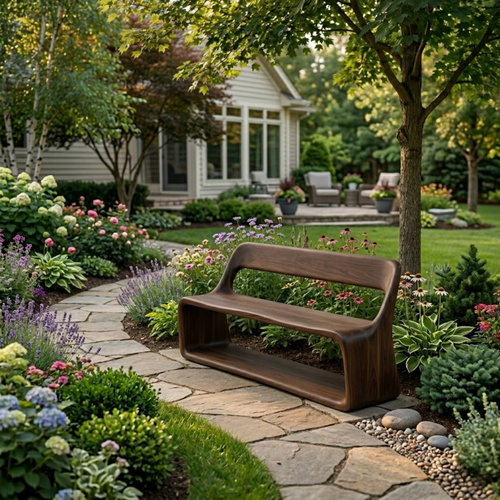 Solid Wood Outdoor Bench with Curved Backrest and Integrated Open Shelf Base - view 1 of 7