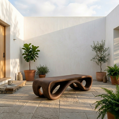 Handcrafted Solid Wood Outdoor Bench Sculptural Curved Base Organic Modern Minimal Design - view 2 of 8