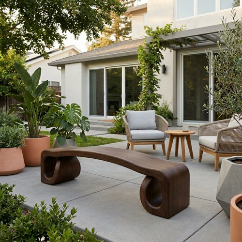 Solid Wood Outdoor Bench with Sculpted Wave Seat and Hollow Base Design - view 1 of 7