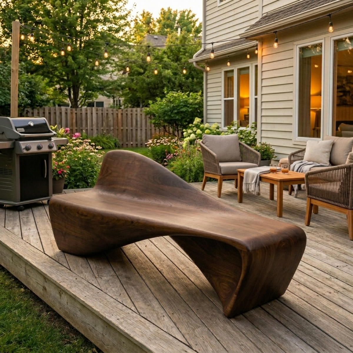 Solid Wood Outdoor Bench Sculptural Lounge Style with Ergonomic Curved Seat - view 1 of 7