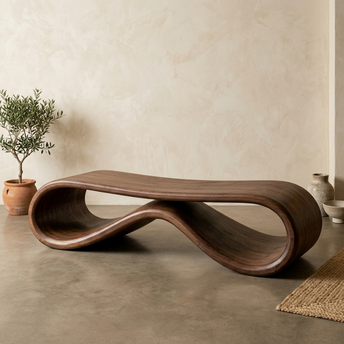 Handcrafted Outdoor Solid Wood Bench Sculptural Wave Form Modern Poolside Seating - view 3 of 7