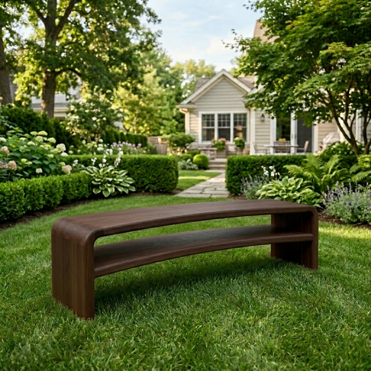 Solid Wood Outdoor Bench with Curved Waterfall Frame and Open Shelf Design - view 2 of 7