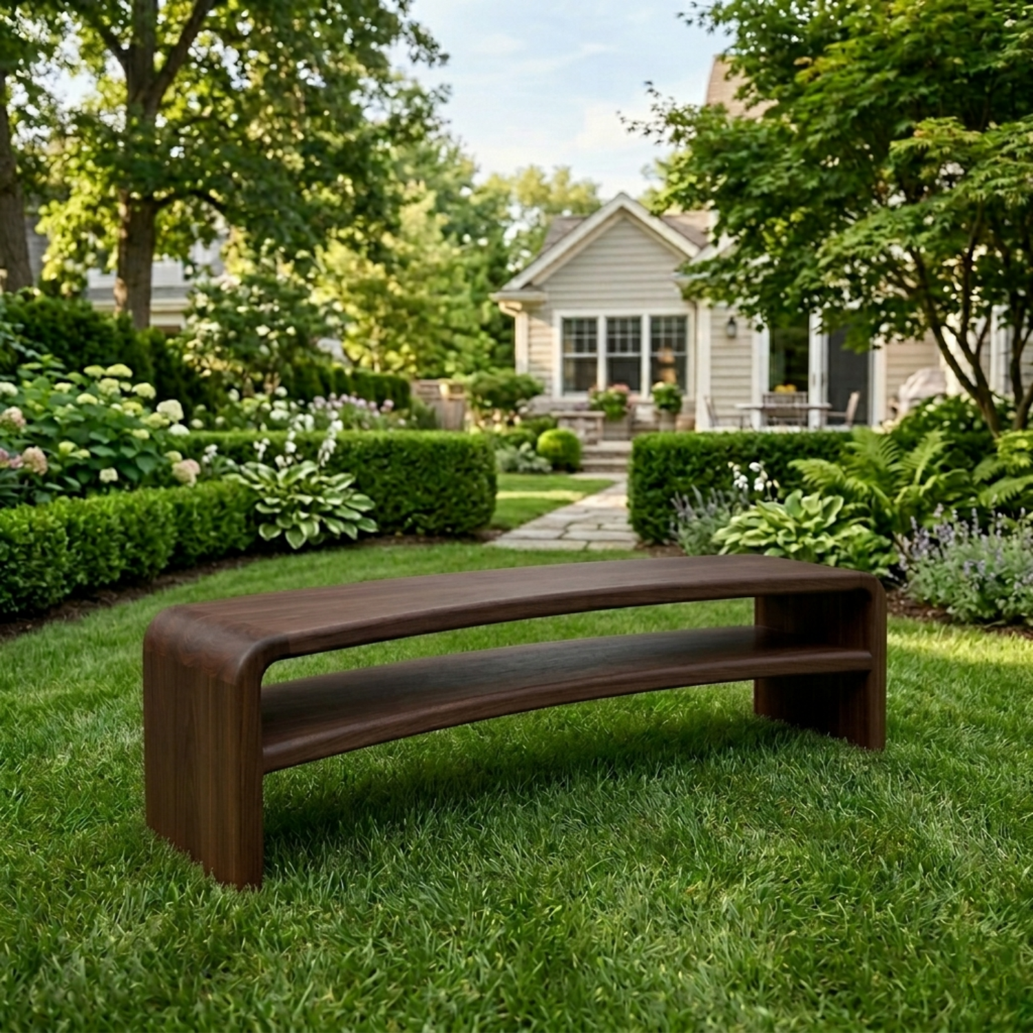Solid Wood Outdoor Bench with Curved Waterfall Frame and Open Shelf Design - view 2 of 7