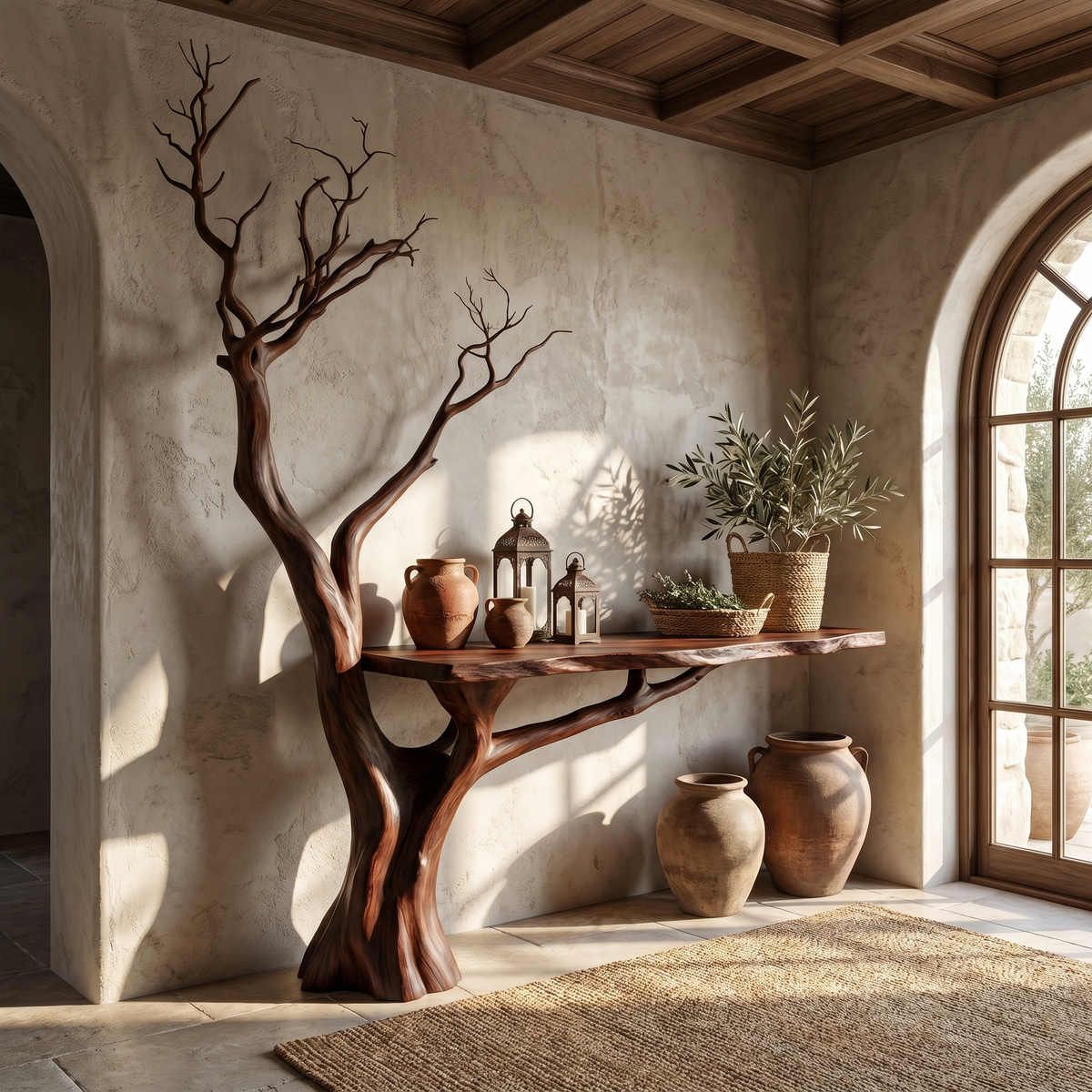 Rustic Console Table Sculpted Wood Tree Hallway Entrance - view 7 of 8