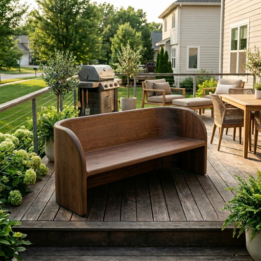 Solid Wood Outdoor Bench with Curved Backrest Sculptural Wraparound Design - view 1 of 7