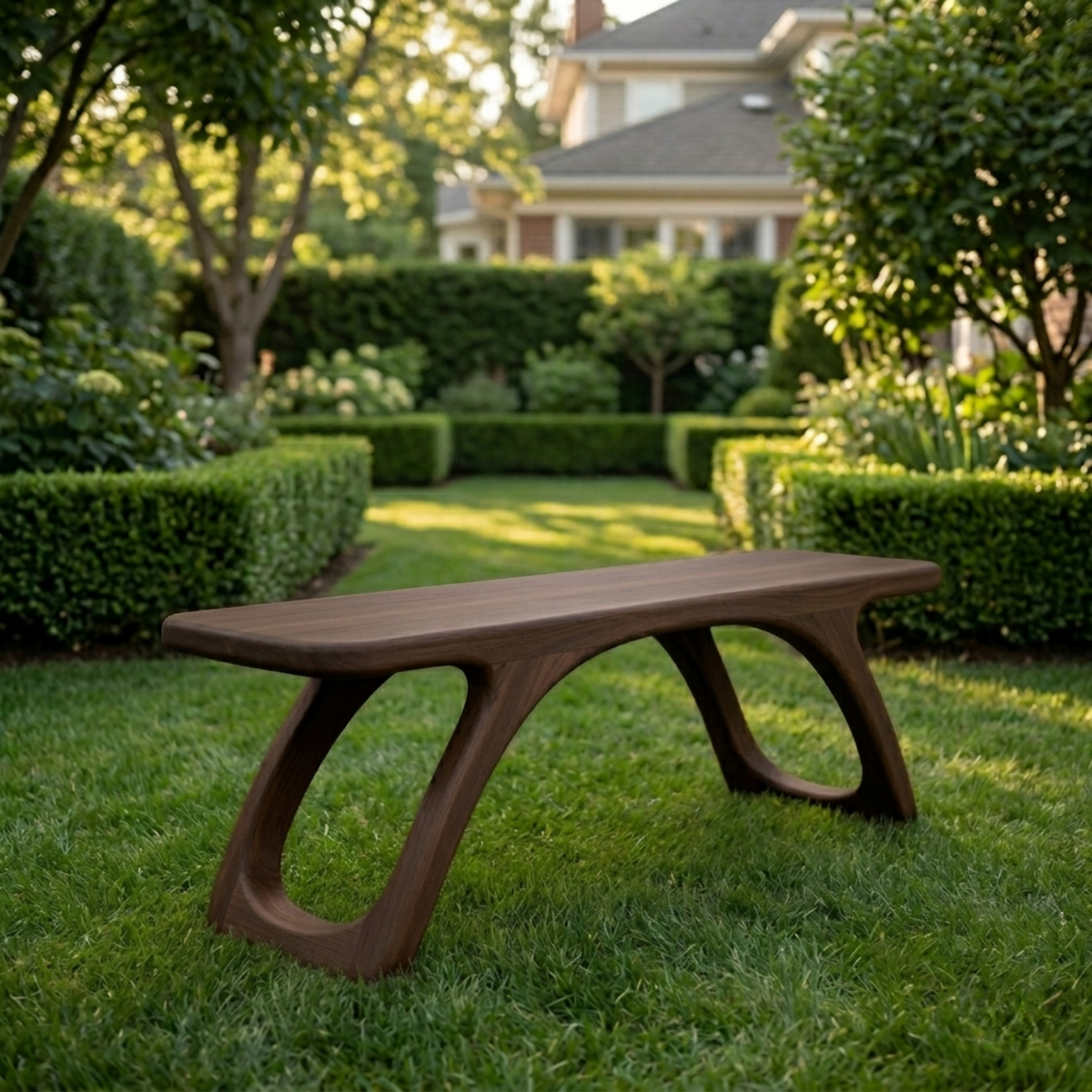 Solid Wood Outdoor Bench with Sculptural Cut-Out Legs and Organic Curved Frame - view 1 of 7