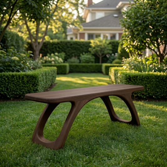 Solid Wood Outdoor Bench with Sculptural Cut-Out Legs and Organic Curved Frame - view 1 of 7