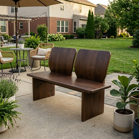 Solid Wood Outdoor Bench with Dual Curved Backrests Modern Sculptural Seating - view 1 of 7