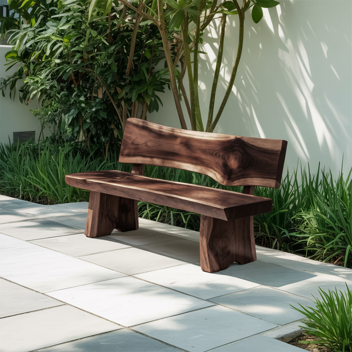 Contemporary Outdoor Wood Bench With Sculpted Back For Patio Or Courtyard - view 7 of 8