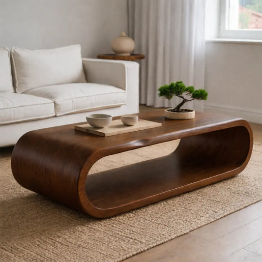 Sculptural Walnut Coffee Table with Curved Design and Open Shelf, Modern Living Room Decor - view 1 of 9