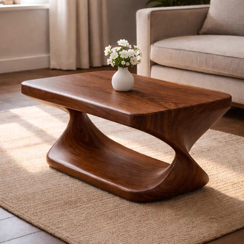 Modern Solid Wood Coffee Table with Sculptural Curved Base and Rectangular Wood Top - view 3 of 9