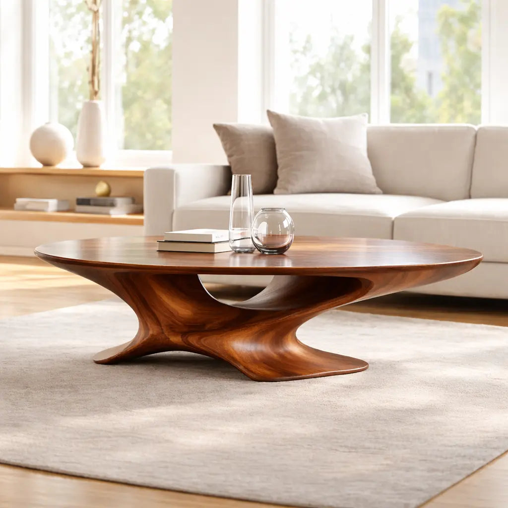 Modern Solid Wood Coffee Table with Sculptural Base and Round Wooden Living Room Table - view 4 of 9