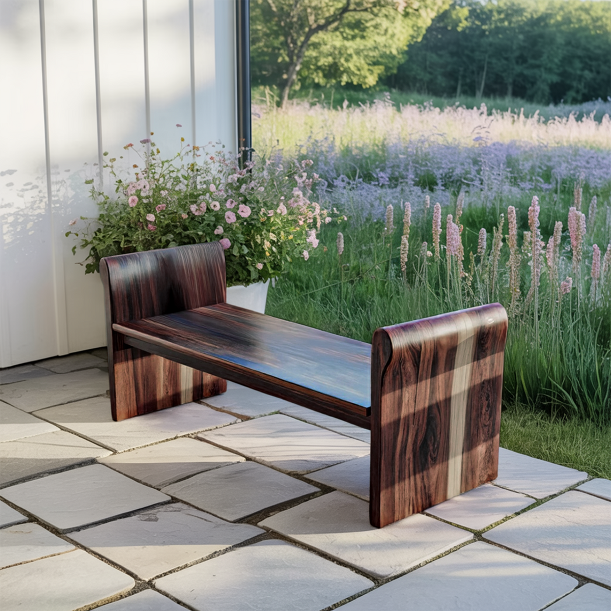 Contemporary Wood Bench With Rounded Armrests For Porch Or Garden - view 7 of 8