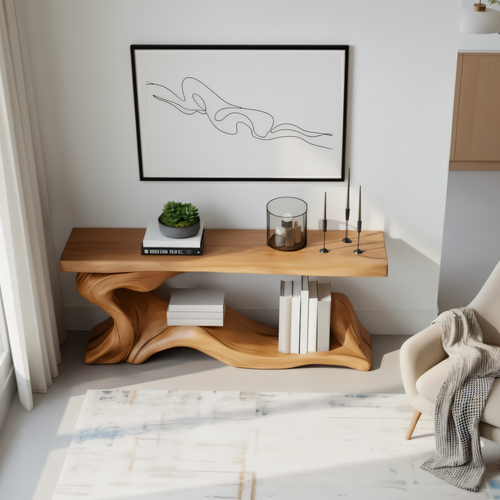 Handcrafted Solid Wood Console Table with Sculptural Organic Base and Modern Minimalist Design - view 2 of 8