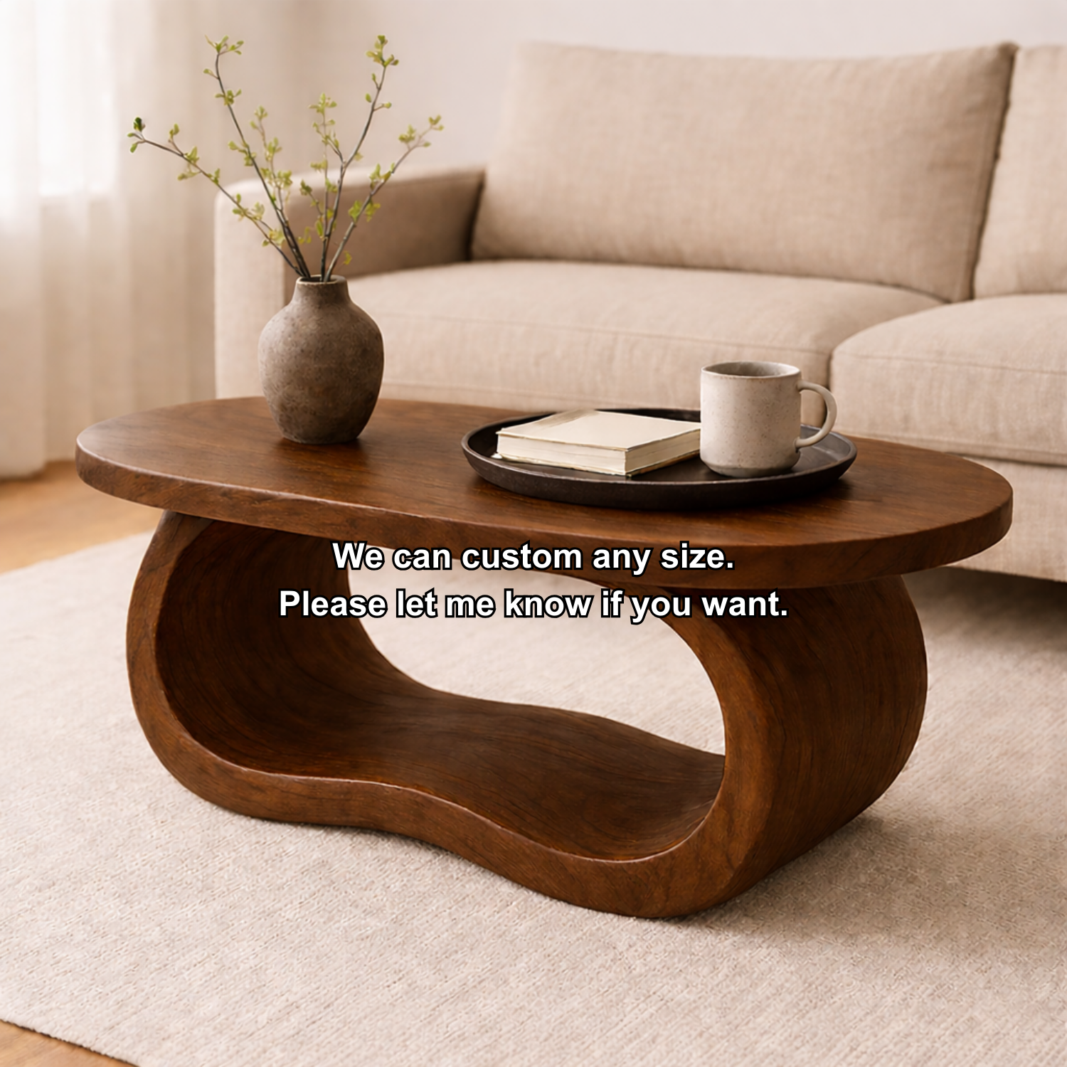 Curved Solid Wood Coffee Table – Sculptural Modern Living Room Center Table - view 8 of 8