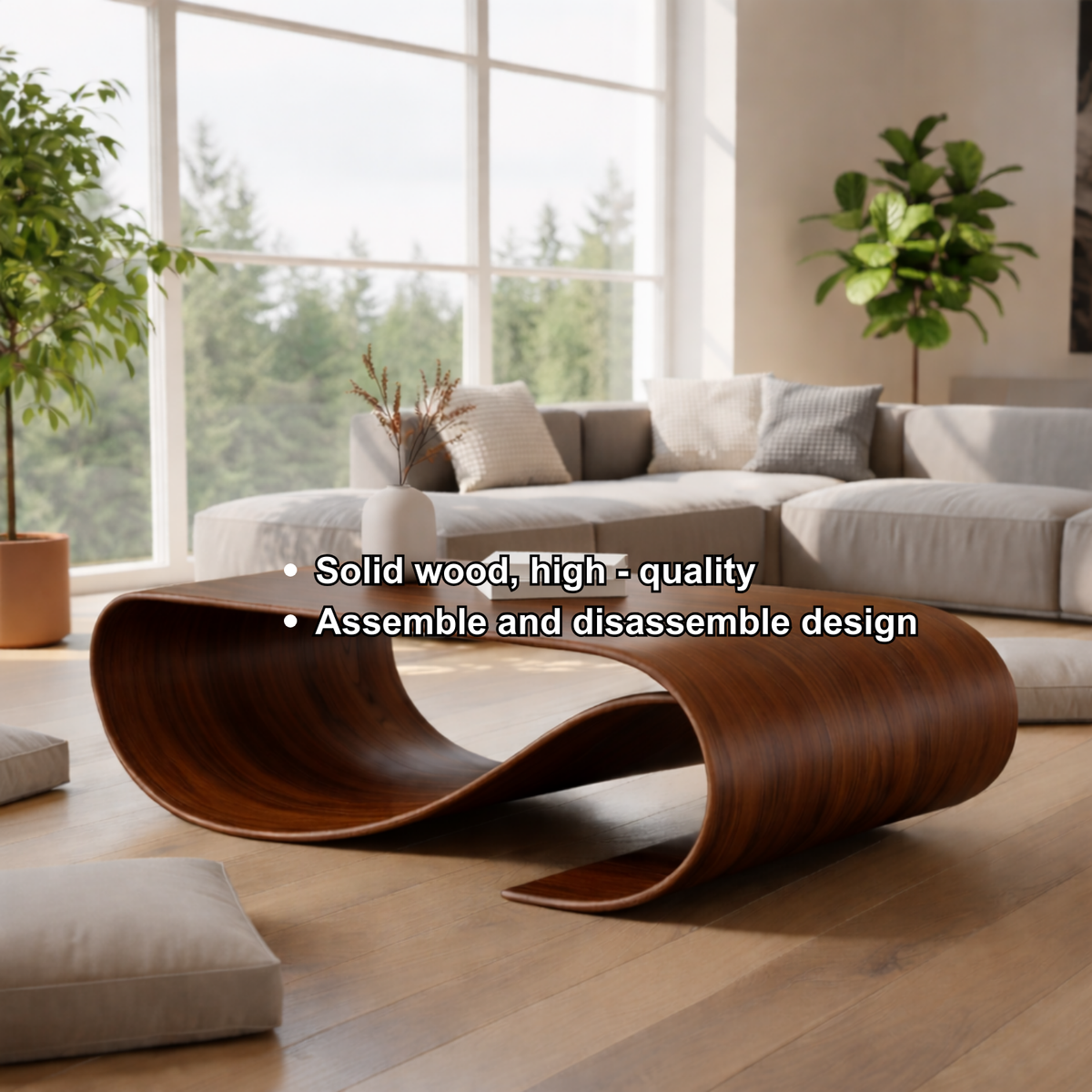 Solid Wood Sculptural Coffee Table with Curved Loop Base – Modern Organic Coffee Table - view 9 of 10