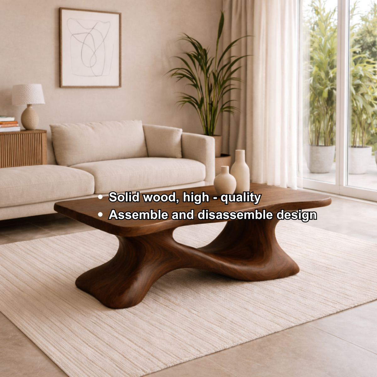 Solid Wood Sculptural Coffee Table with Organic Curved Base – Modern Living Room Table - view 10 of 11